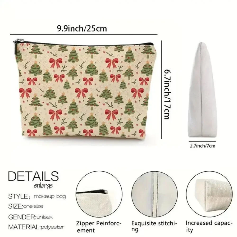 Christmas Festive Tree and Bow Holiday Travel Makeup Bag Double Sided Printed